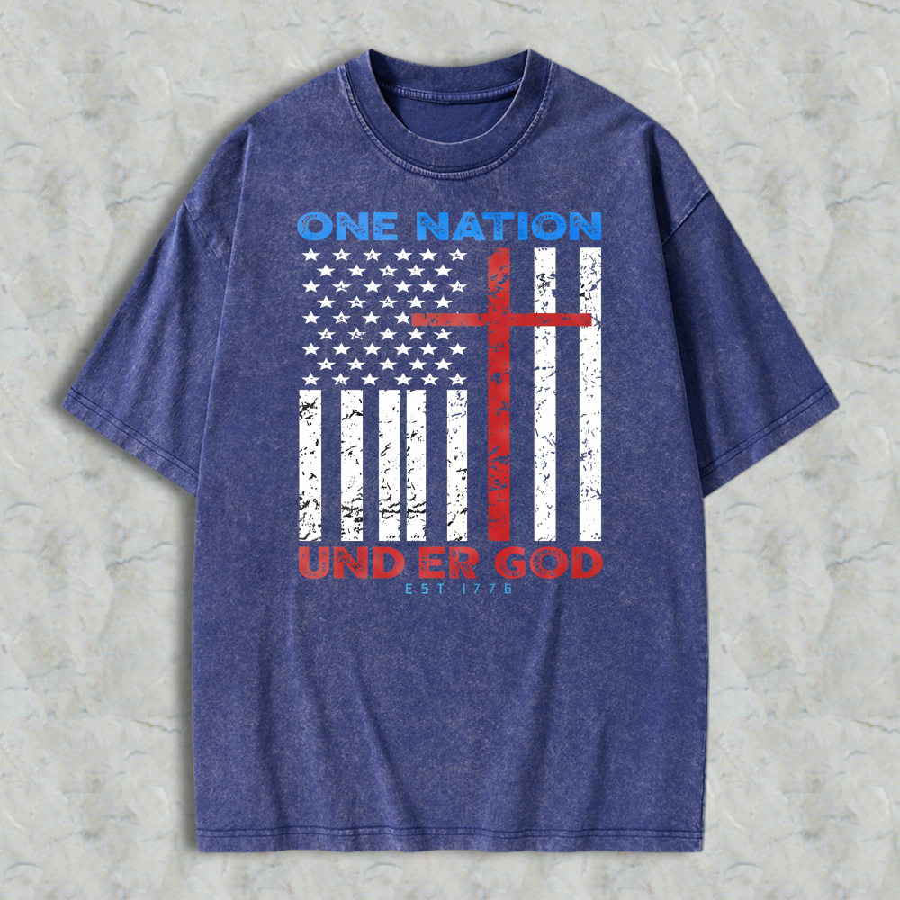 One Nation Under God American Flag With Cross Washed T-shirt