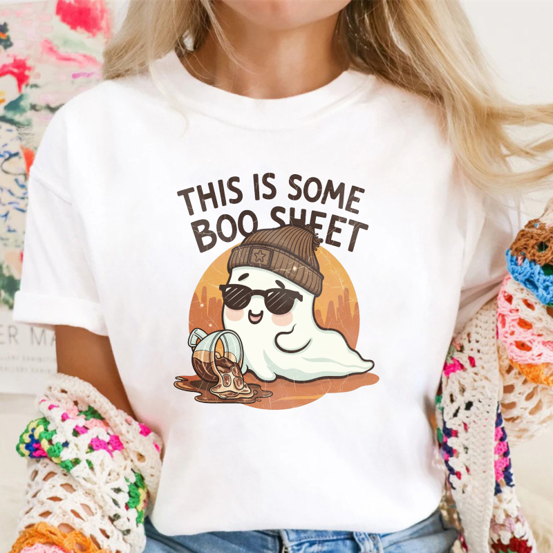 Cute Ghost Wearing Beanie And Sunglasses Holding Coffee Cup With This Is Some Boo Sheet Text, Unisex Classic T-shirt