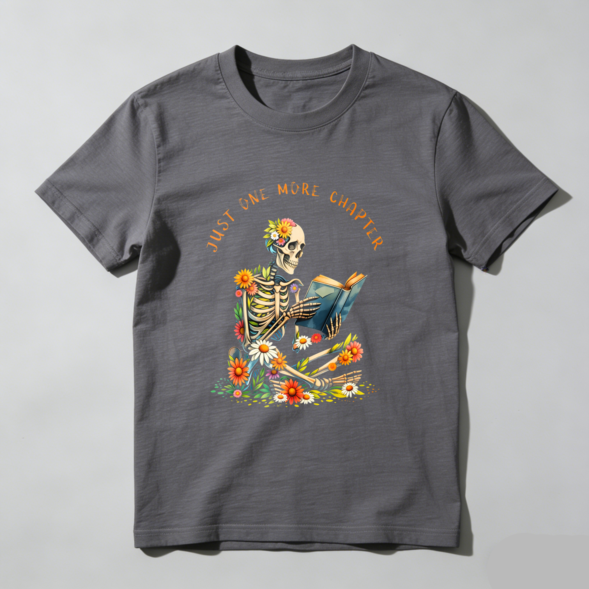 Wardrobecart Skeleton Reading Book With Flowers Tshirt