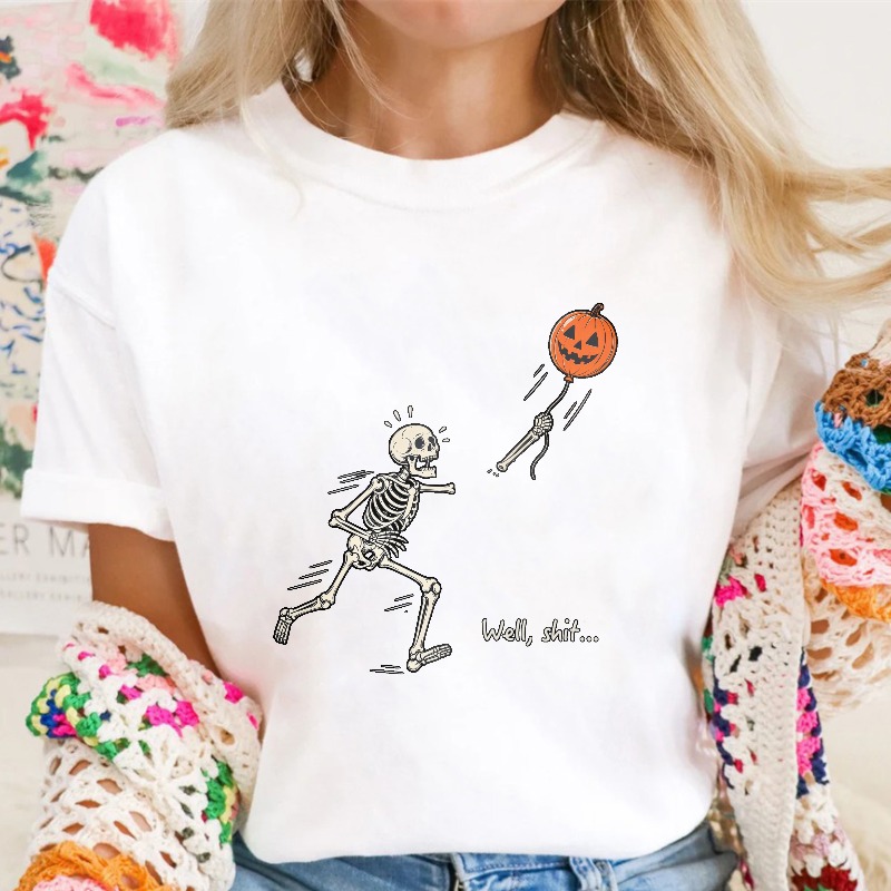 Skeleton Running From Pumpkin Balloon With Well Shit Text Unisex Classic T-shirt