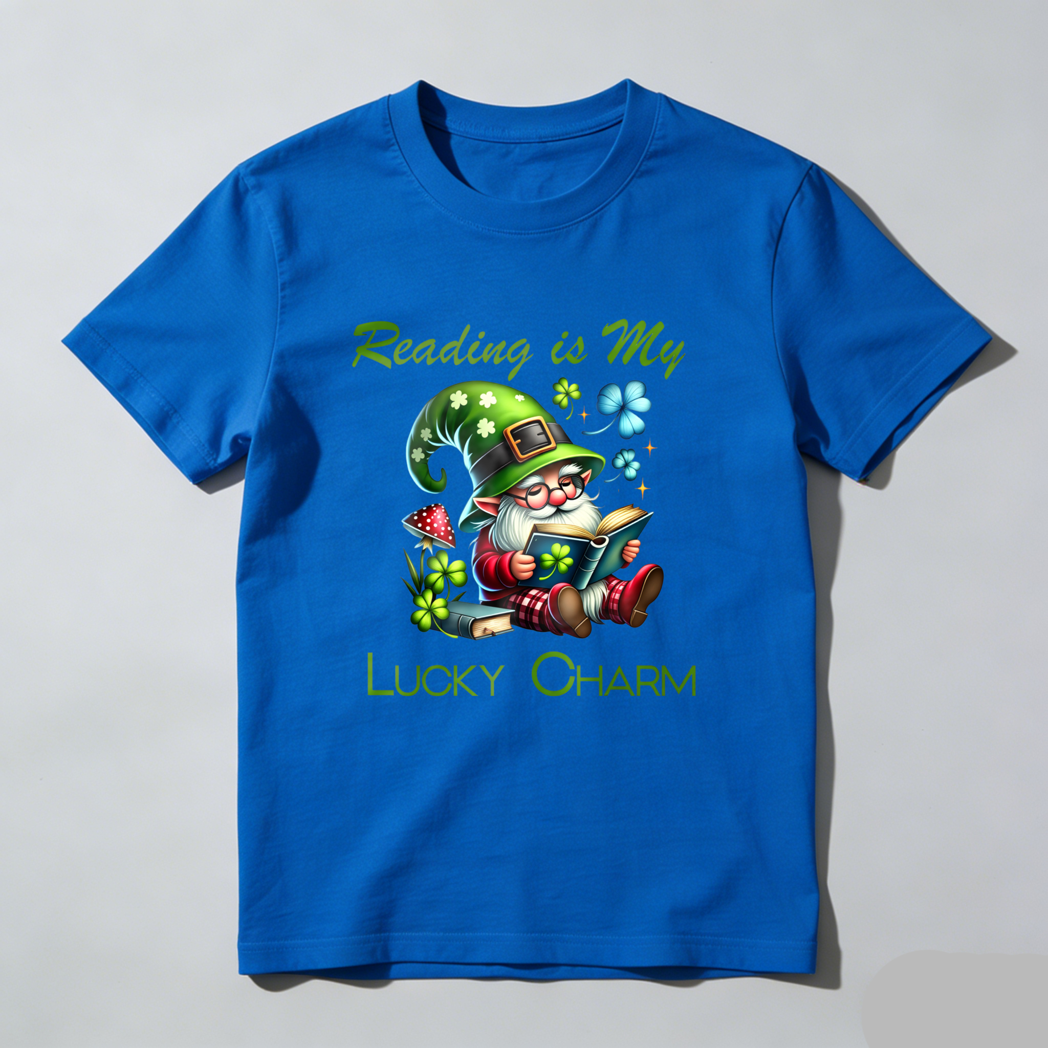 Wardrobecart Gnome Reading Book With Clover Hat tshirt
