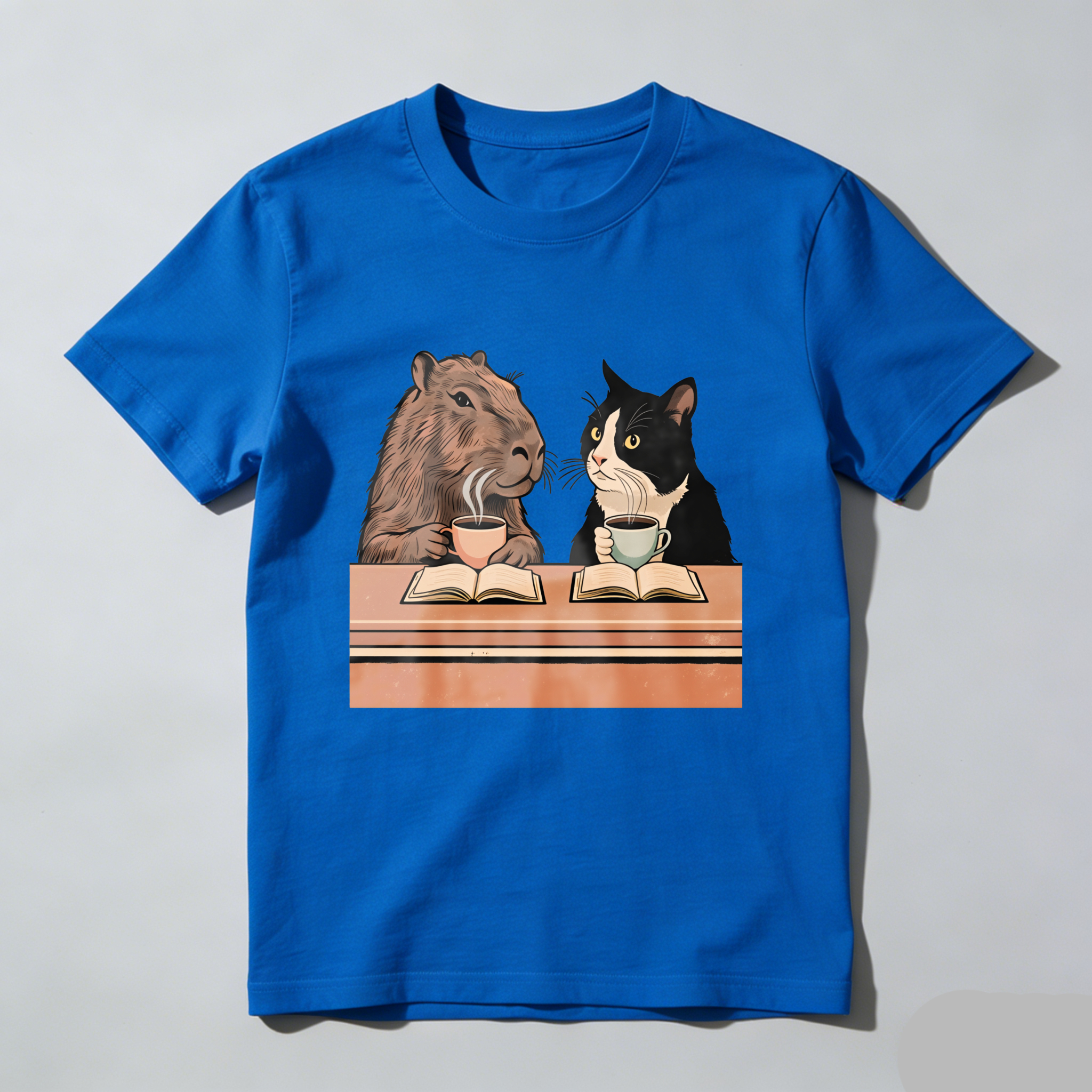Wardrobecart Capybara And Cat Reading Books With Tea Tshirt