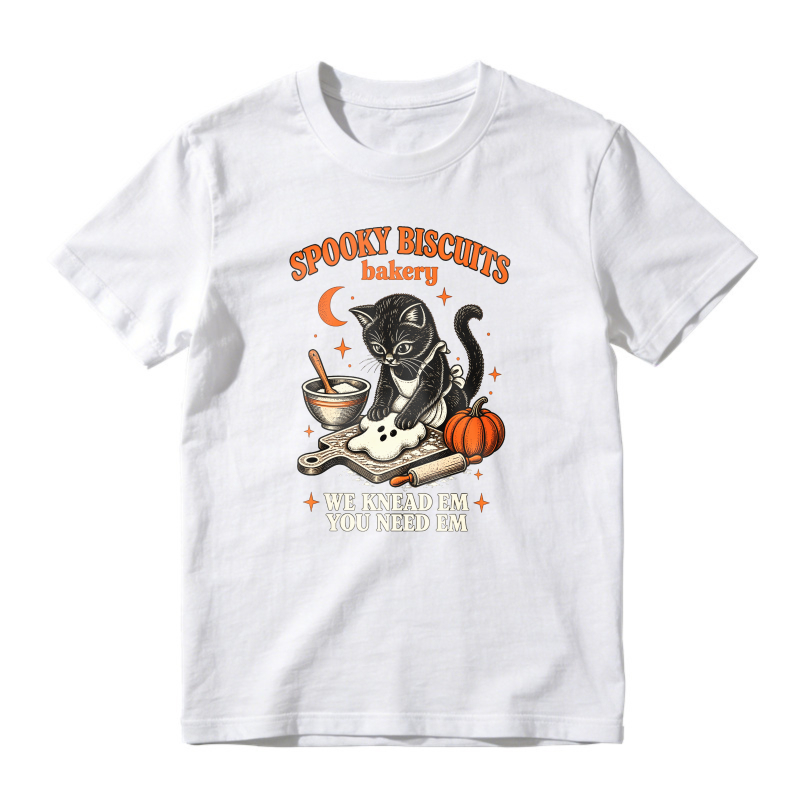 Spooky Biscuits Bakery Black Cat Kneading Dough Pumpkin Halloween Humor, Unisex Classic T-shirt
