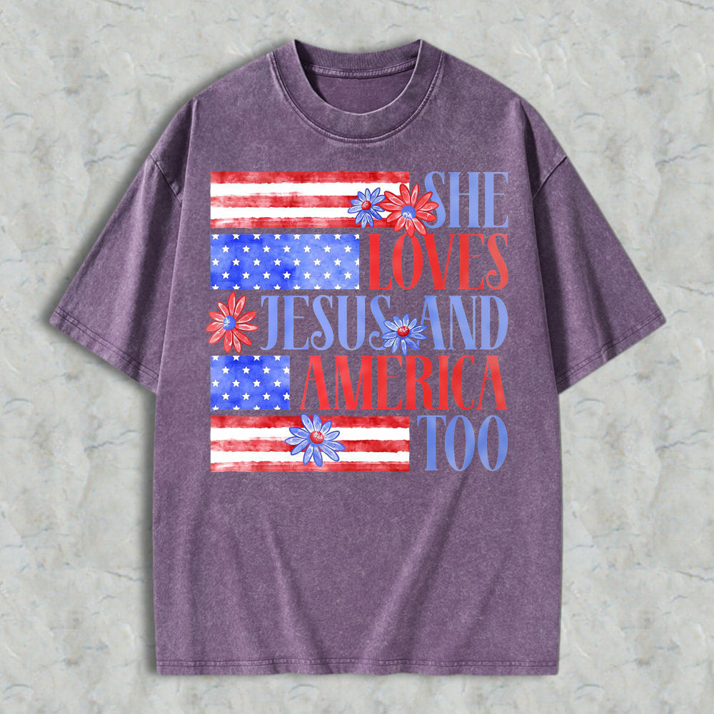 She Loves Jesus And America Too Patriotic Flag Floral Design Washed T-shirt