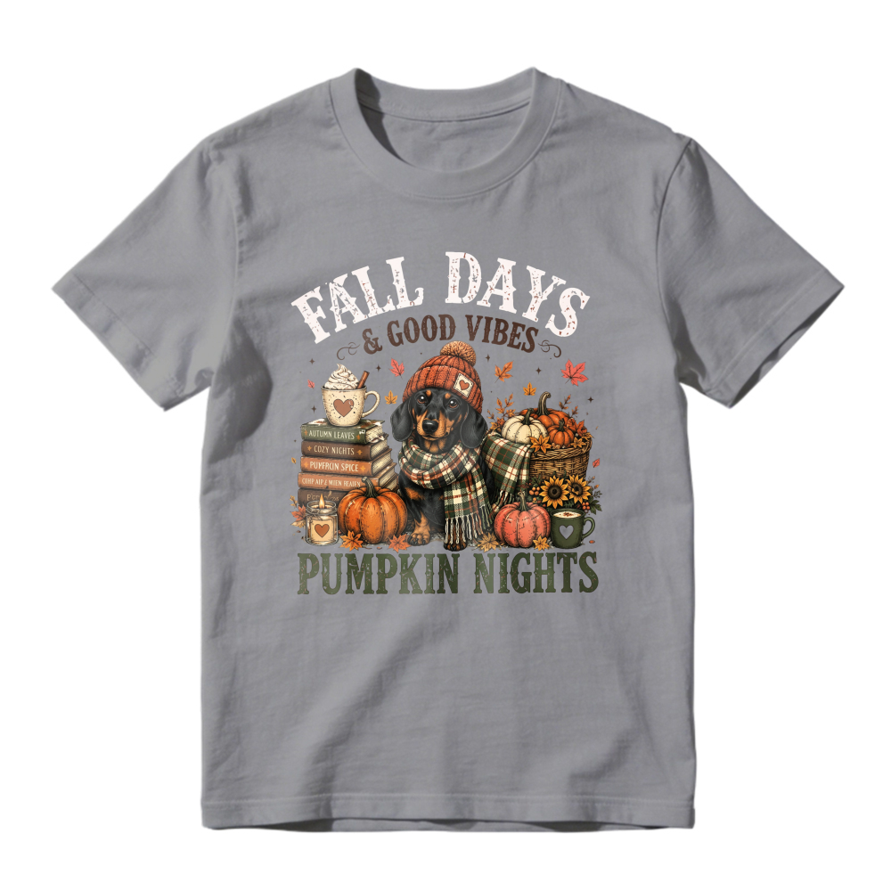 Fall Days And Good Vibes Pumpkin Nights Dachshund With Books And Pumpkins Autumn Season Graphic, Unisex Classic T-shirt