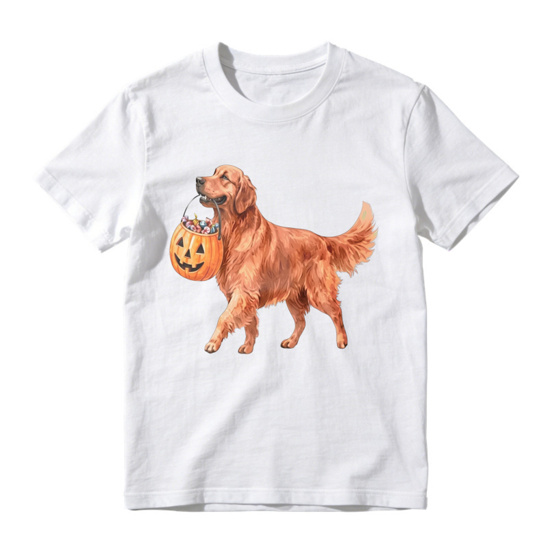 Golden Retriever Holding Halloween Pumpkin Bucket, Unisex Classic T-shirt