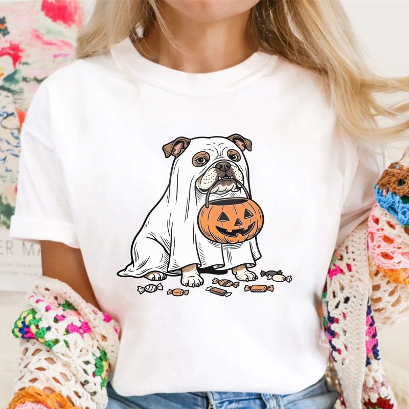 Cute Bulldog Holding Pumpkin Candy Bucket Halloween Trick Or Treat, Unisex Classic T-shirt