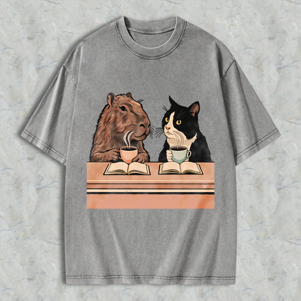 Wardrobecart Capybara And Cat Reading Books With Tea Unisex Washed T-shirt