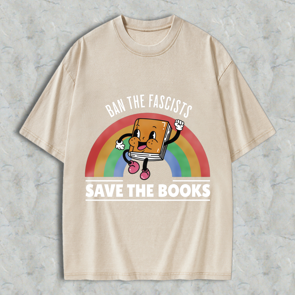 Wardrobecart Ban The Fascists Save The Books Book Character Rainbow Design Unisex Washed T-shirt
