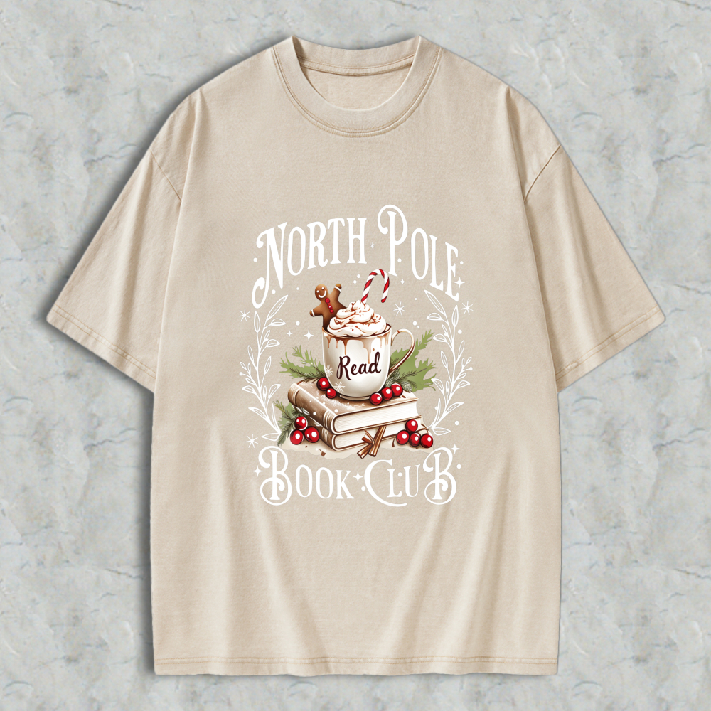 Wardrobecart North Pole Book Club Christmas Reading Theme With Mug Books And Holly Unisex Washed T-shirt