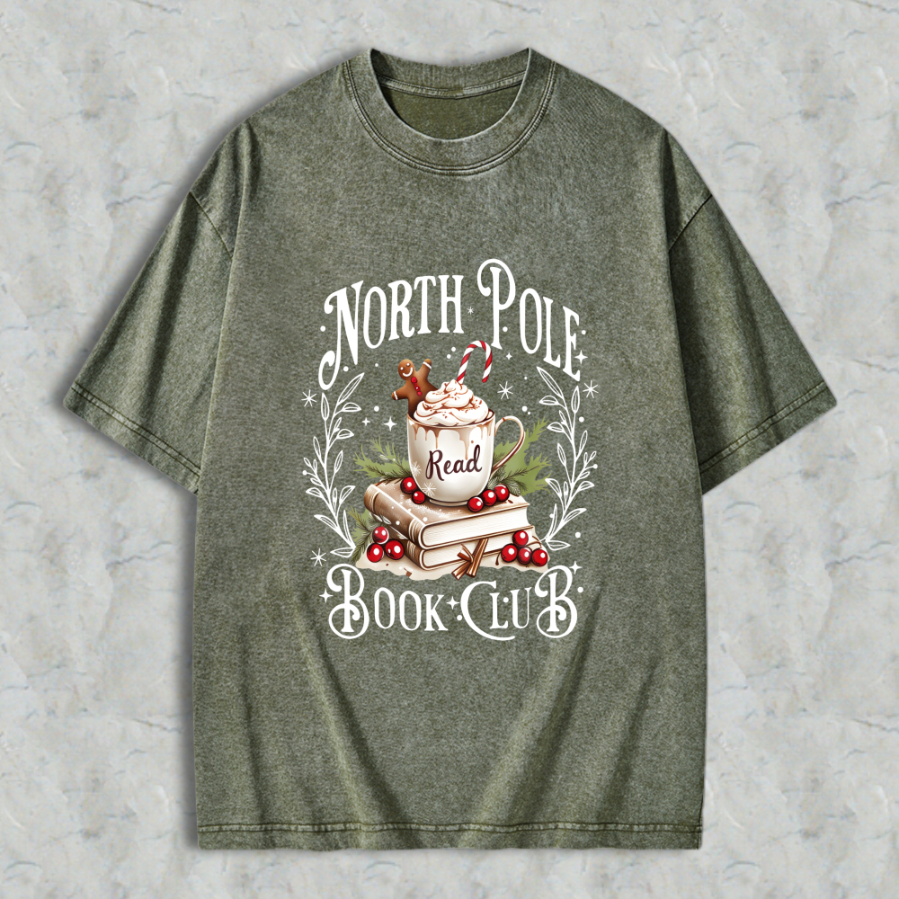 Wardrobecart North Pole Book Club Christmas Reading Theme With Mug Books And Holly Unisex Washed T-shirt