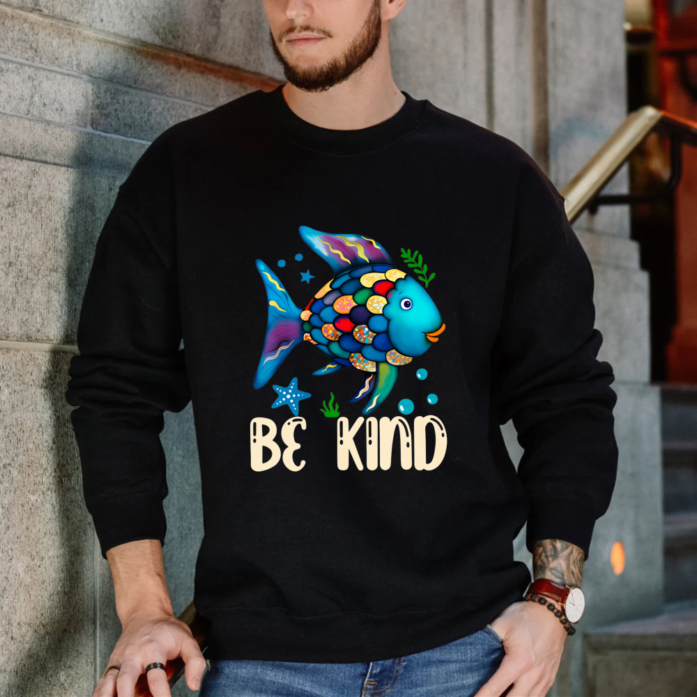 Wardrobecart Colorful Fish With Be Kind Text Unisex Classic Sweatshirt