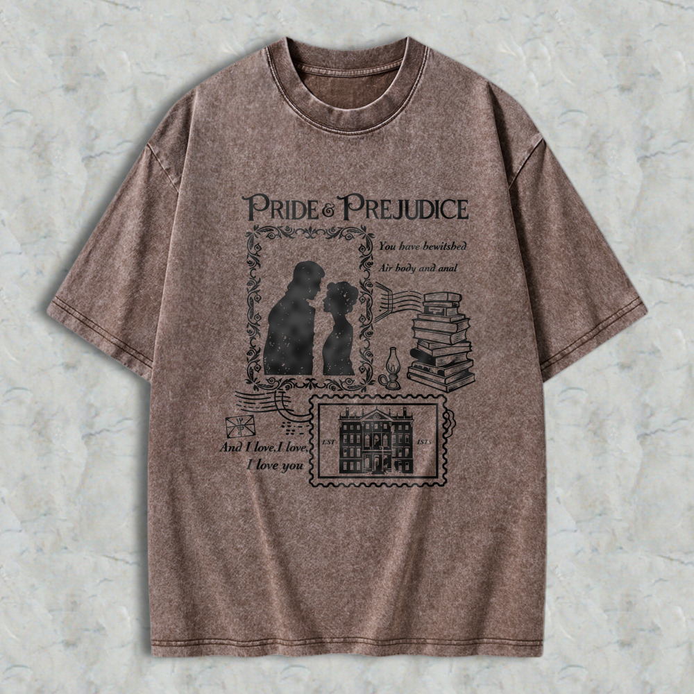 Wardrobecart Pride And Prejudice Literary Romance Quote With Couple Silhouette Books And Mansion Design Unisex Washed T-shirt