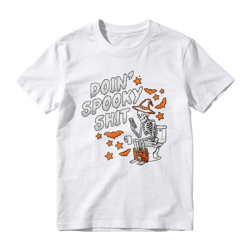 Doin Spooky Shit Skeleton On Toilet With Bats And Stars Halloween Graphic T-shirt