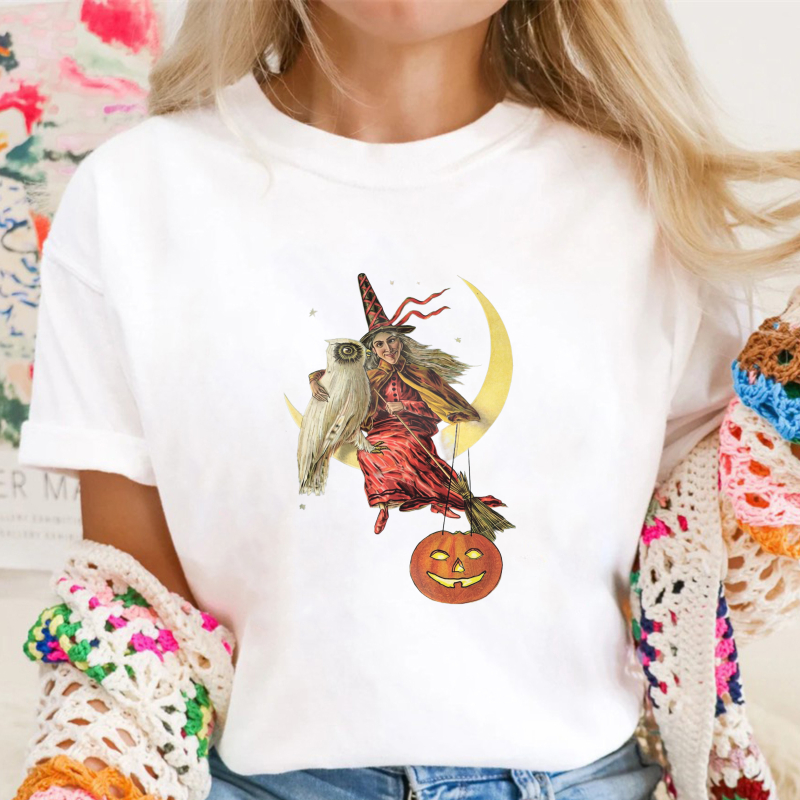 Witch Flying On Broomstick With Owl And Pumpkin Moon Halloween Unisex Classic T-shirt
