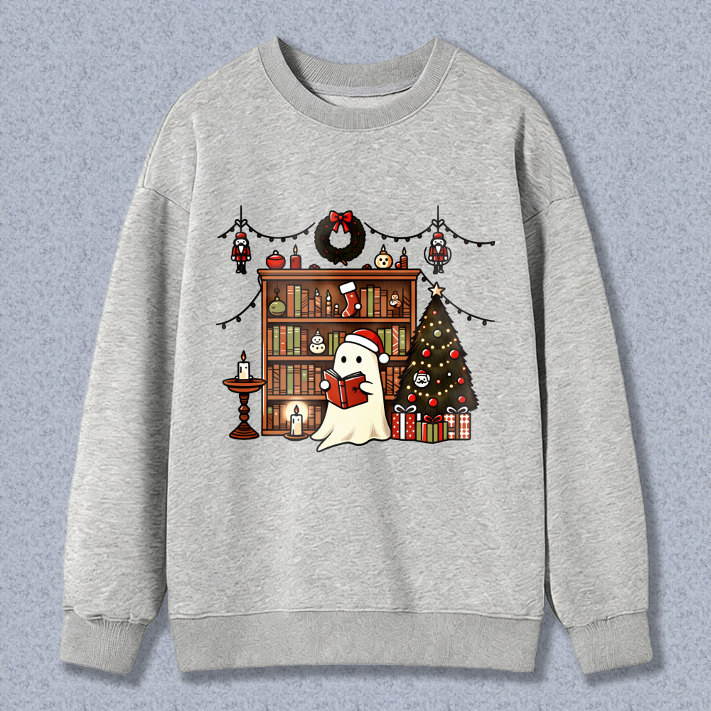 Wardrobecart Ghost Reading Book Christmas Tree Bookshelf Holiday Decor Unisex Classic Sweatshirt