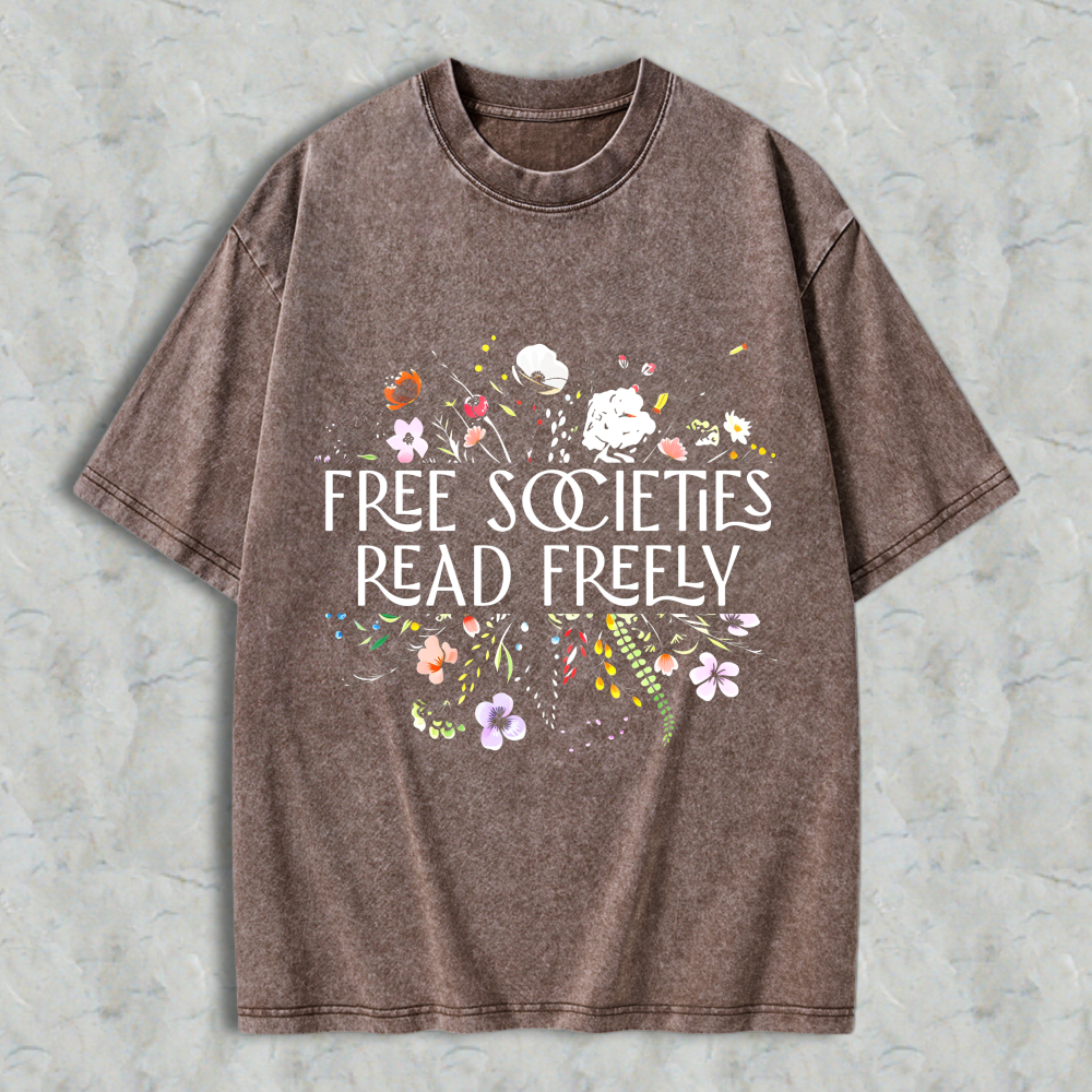 Wardrobecart Free Societies Read Freely Floral Design Unisex Washed T-shirt