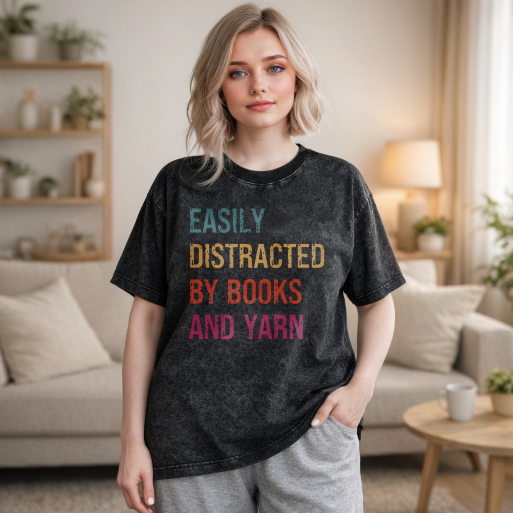 Wardrobecart Easily Distracted By Books And Yarn Unisex Washed T-shirt