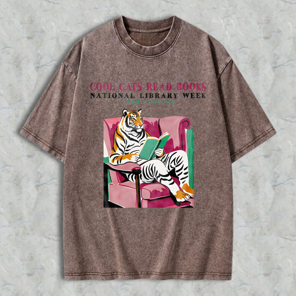 Wardrobecart Tiger Reading Book On Couch Cool Cats Read Books Unisex Washed T-shirt