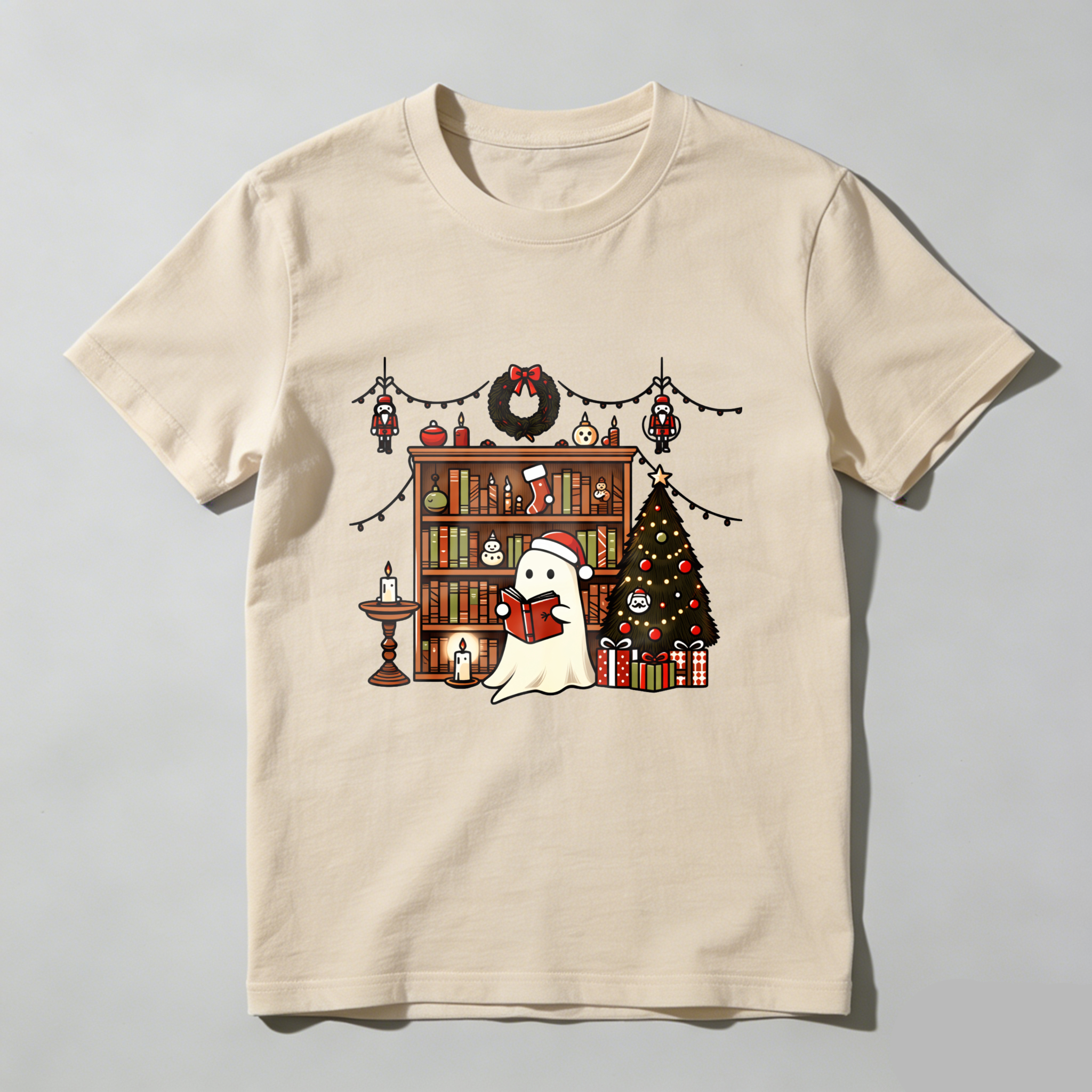Wardrobecart Ghost Reading Book Christmas Tree Shelf Decorations Tshirt