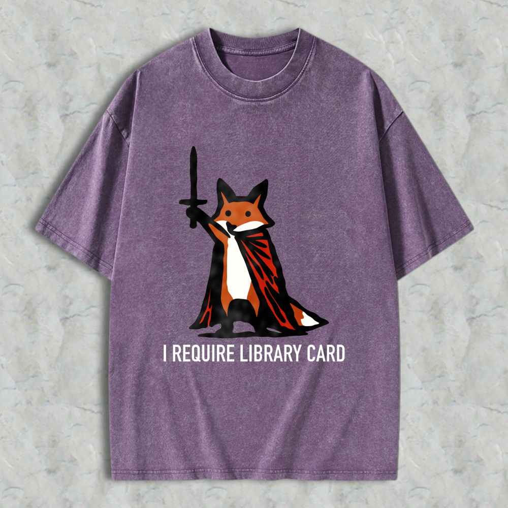 Wardrobecart Fox With Cape And Text I Require Library Card Unisex Washed T-shirt