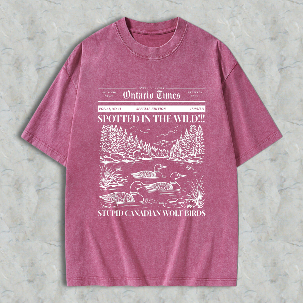 Wardrobecart Duck Scene With Trees And Mountains Spotted In The Wild Stupid Canadian Wolf Birds Ontario Times Newspaper Style Graphic Unisex Washed T-shirt