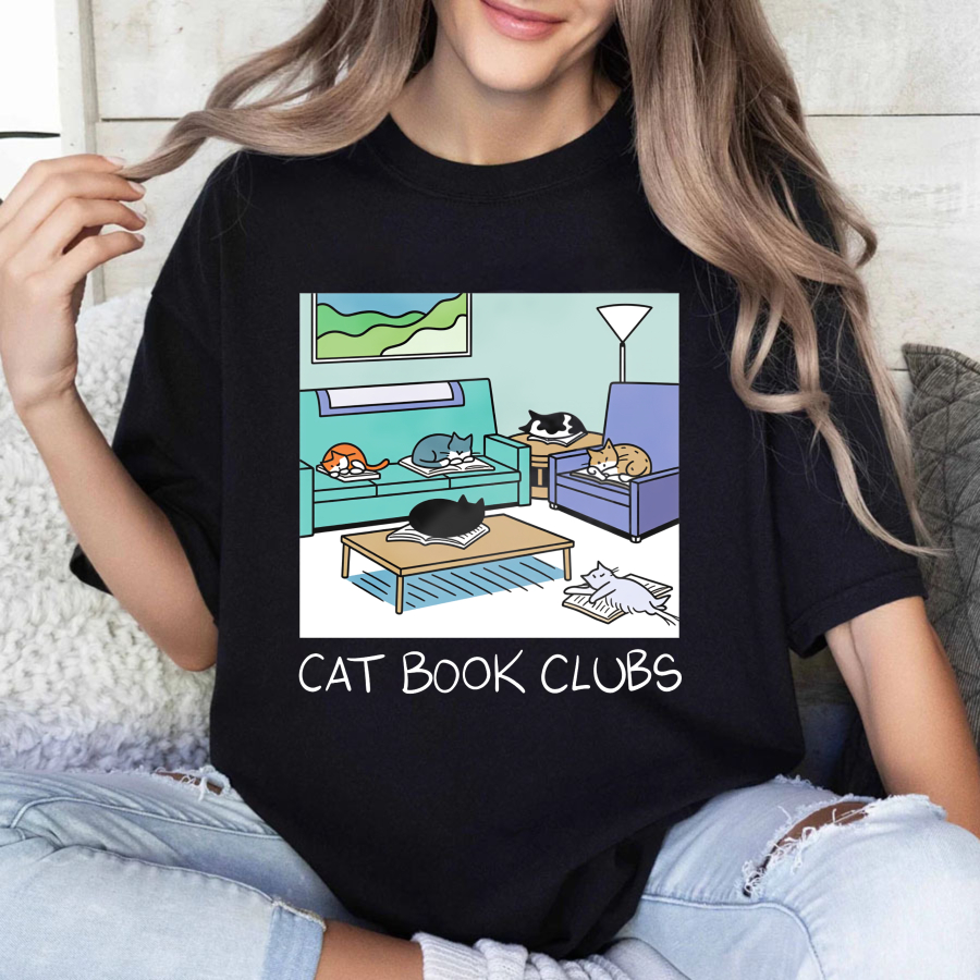 Wardrobecart Cat Book Clubs Cozy Living Room Scene Tshirt