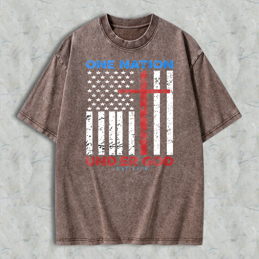 One Nation Under God American Flag With Cross Washed T-shirt