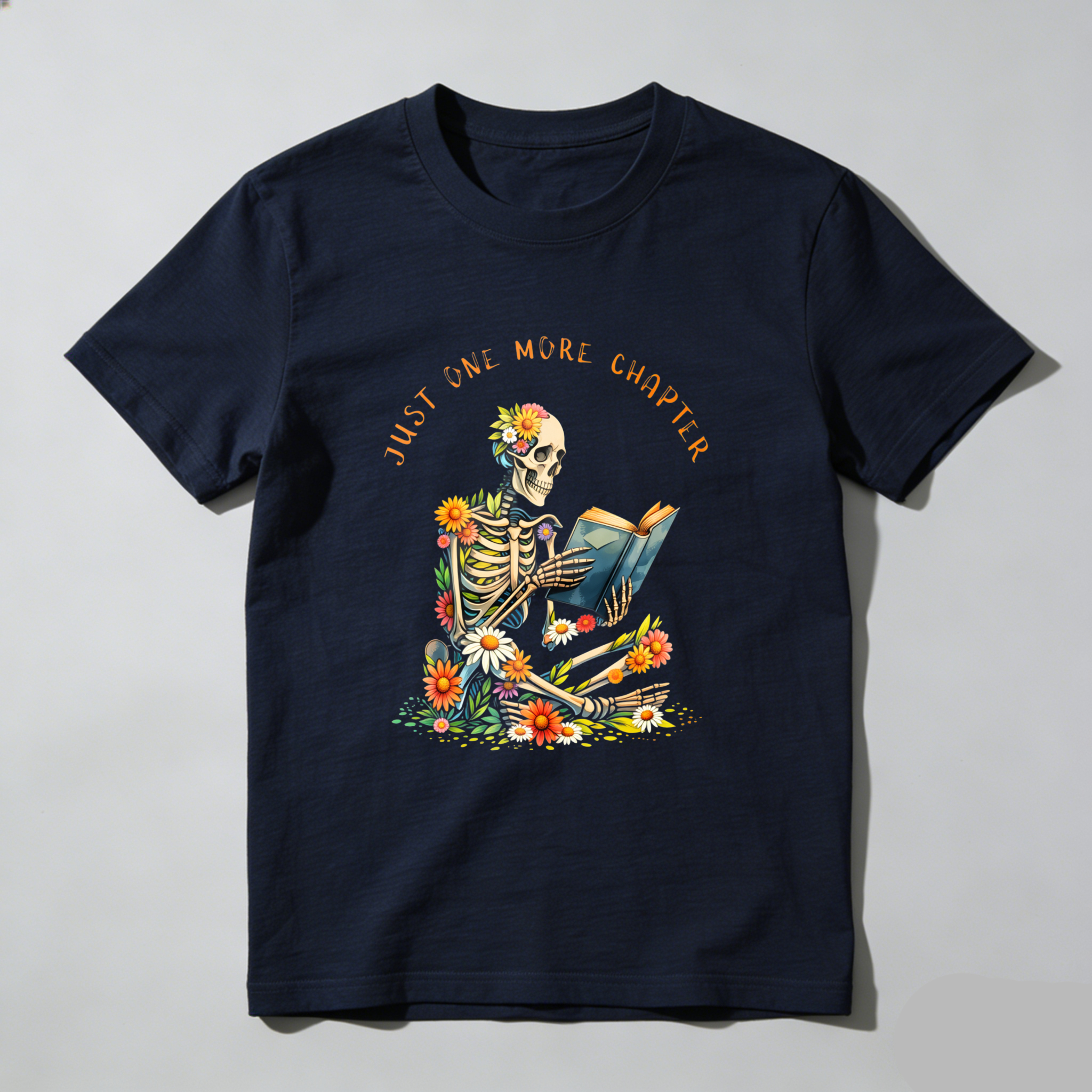 Wardrobecart Skeleton Reading Book With Flowers Tshirt