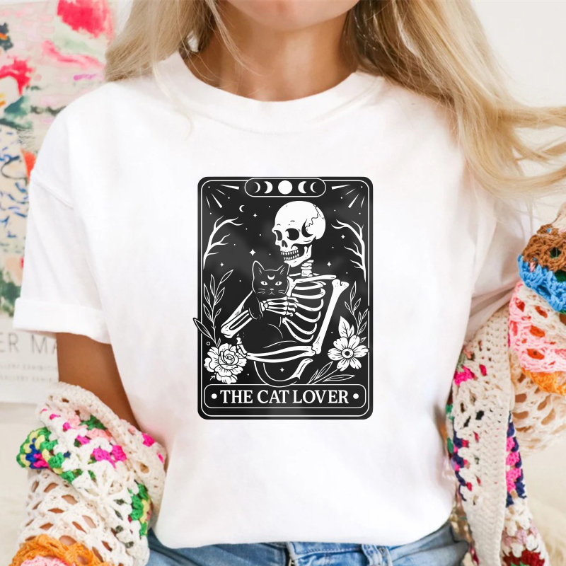 Skeleton Holding Black Cat, The Cat Lover, Moon Phases And Flowers, Unisex Classic T-shirt