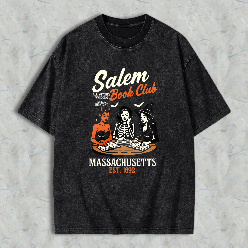 Wardrobecart Salem Book Club Witch Reading Books Massachusetts Est 1692 Unisex Washed T-shirt