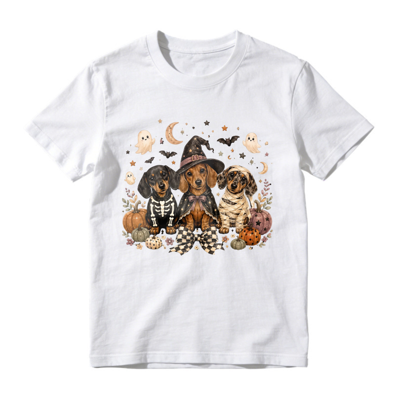 Halloween Dachshund Puppies In Costumes With Pumpkins And Ghosts, Unisex Classic T-shirt