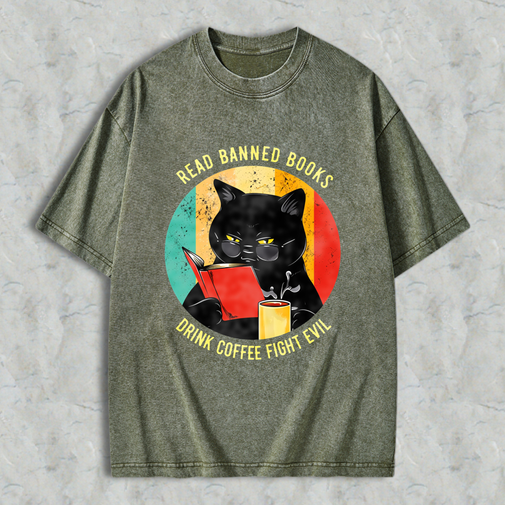 Wardrobecart Cat Reading Book With Coffee And Banned Books Text Unisex Washed T-shirt