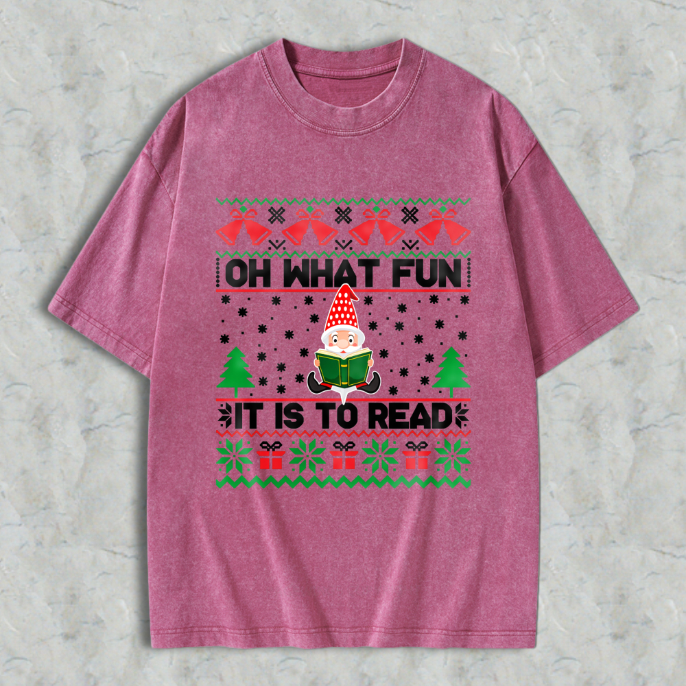 Wardrobecart Christmas Elf Reading Book Pattern Unisex Washed T-shirt