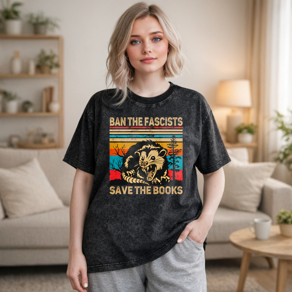 Wardrobecart Ban The Fascists Save The Books Opossum Vintage Design Unisex Washed T-shirt