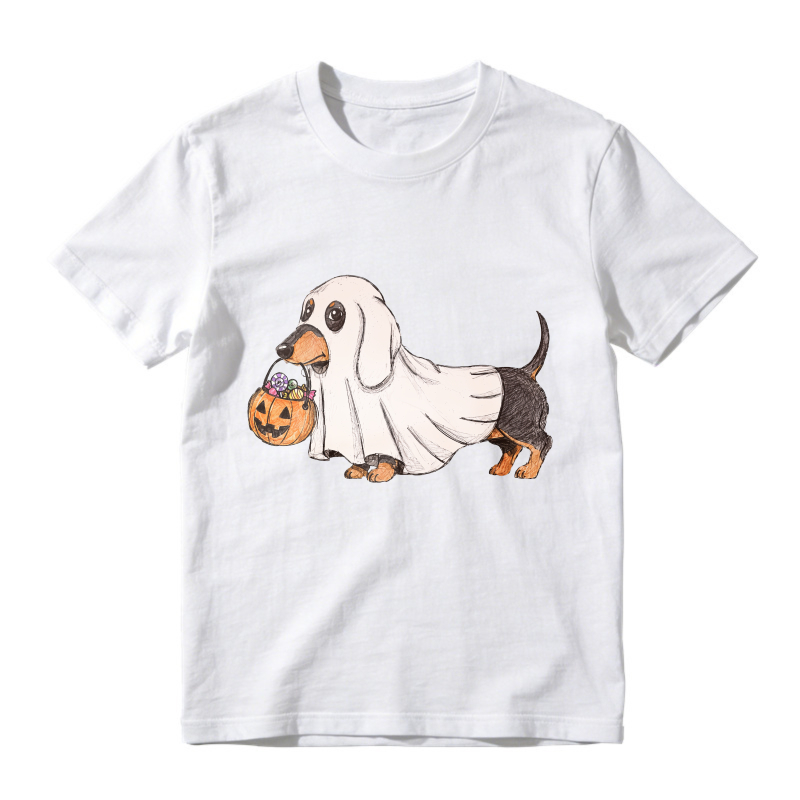 Cute Dachshund In Ghost Costume Holding Pumpkin Basket, Unisex Classic T-shirt
