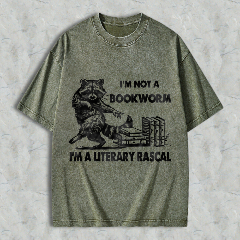 Wardrobecart Raccoon Reading Books I'm Not A Bookworm I'm A Literary Rascal Unisex Washed T-shirt