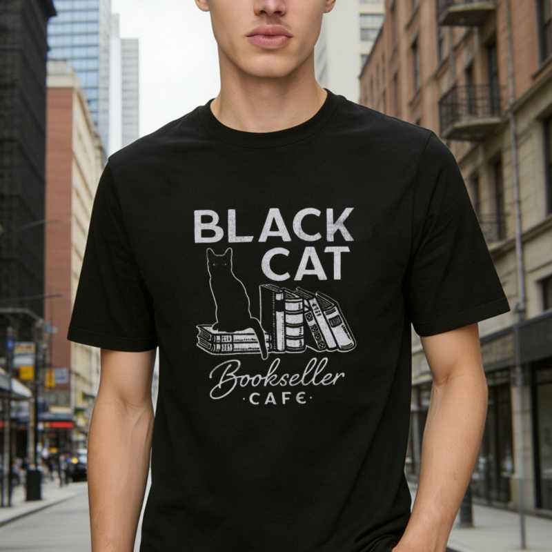 Black Cat Bookseller Cafe Silhouette With Stacked Books Vintage Literary Design T-shirt
