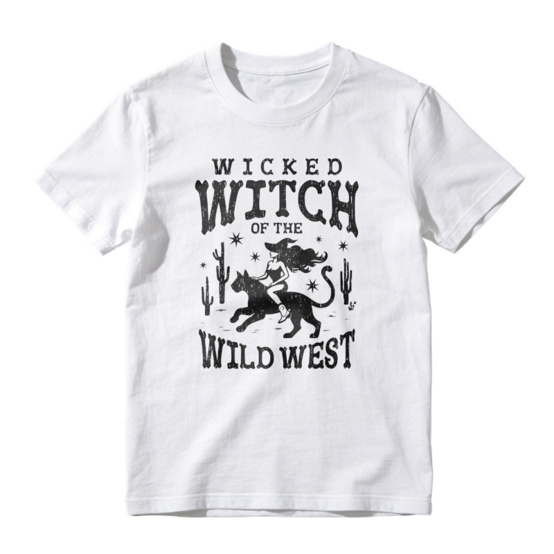 Wicked Witch Of The Wild West Halloween Cowboy Witch Riding Wolf Desert Cactus Graphic T-shirt