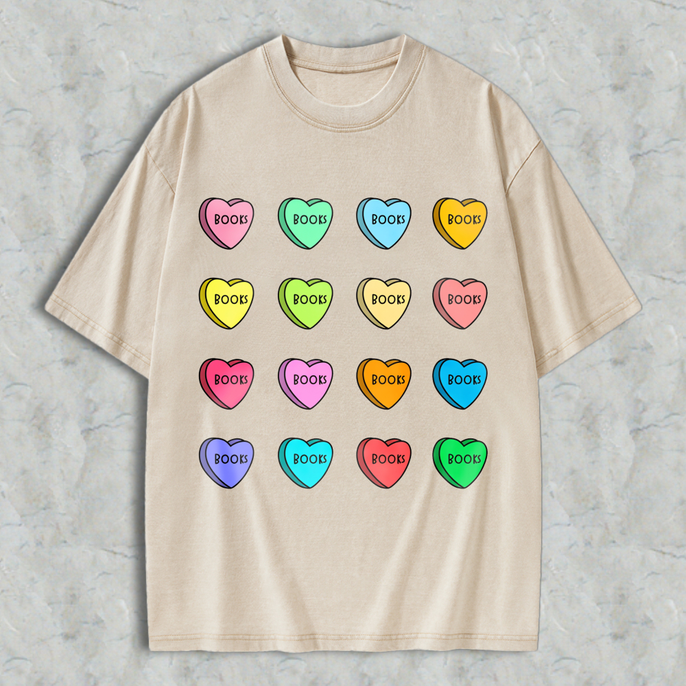 Wardrobecart Colorful Heart Candy Pattern With Book Text Unisex Washed T-shirt