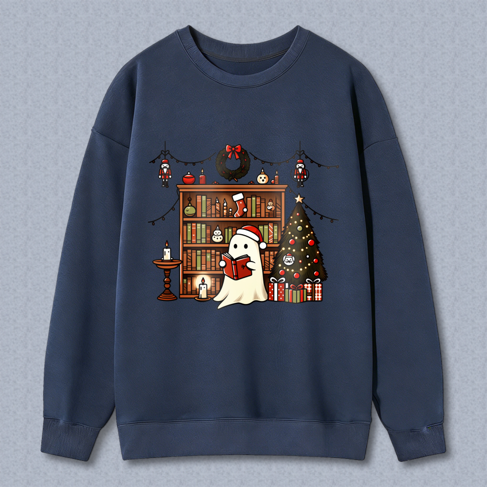Wardrobecart Ghost Reading Book Christmas Tree Bookshelf Holiday Decor Unisex Classic Sweatshirt