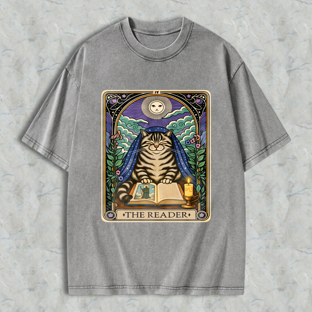 Wardrobecart Cat Reading Book Tarot Card The Reader Unisex Washed T-shirt