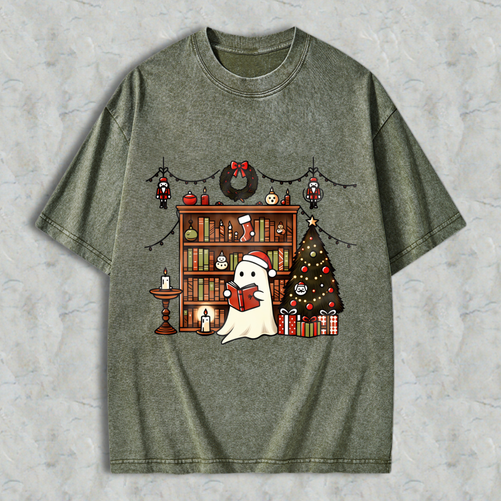 Wardrobecart Ghost Reading Book Christmas Tree Bookshelf Decor Unisex Washed T-shirt