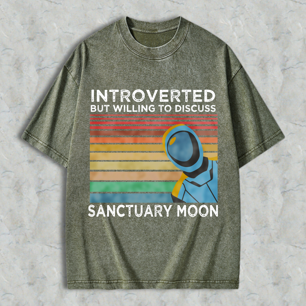 Wardrobecart Introverted But Willing To Discuss Sanctuary Moon Astronaut Vintage Rainbow Design Unisex Washed T-shirt