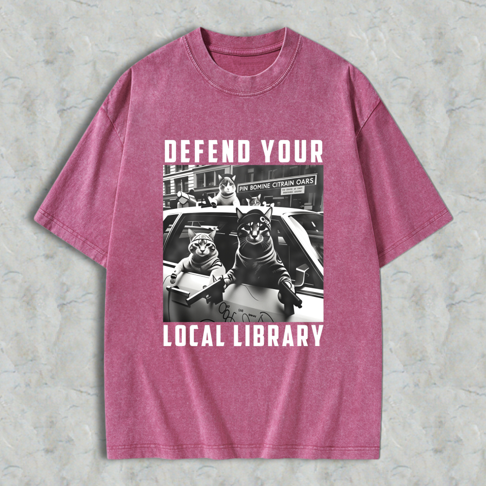 Wardrobecart Defend Your Local Library Cats With Guns Unisex Washed T-shirt