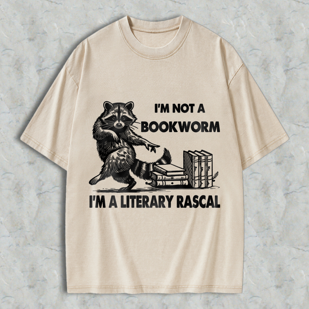 Wardrobecart Raccoon Reading Books I'm Not A Bookworm I'm A Literary Rascal Unisex Washed T-shirt