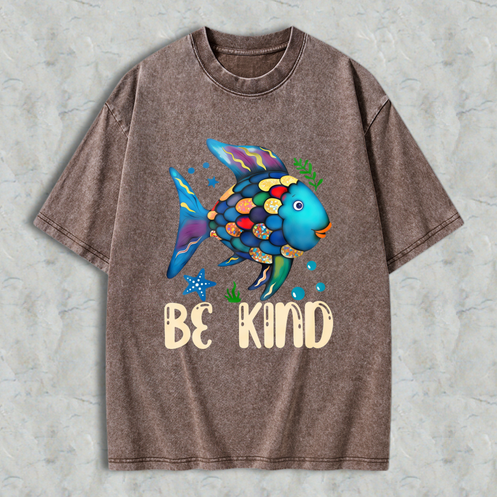 Wardrobecart Colorful Fish With Be Kind Text Unisex Washed T-shirt