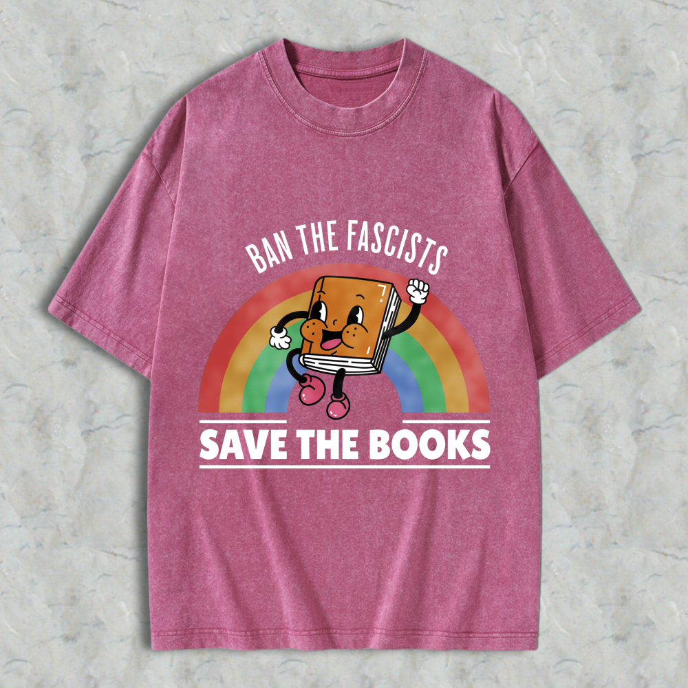 Wardrobecart Ban The Fascists Save The Books Book Character Rainbow Design Unisex Washed T-shirt