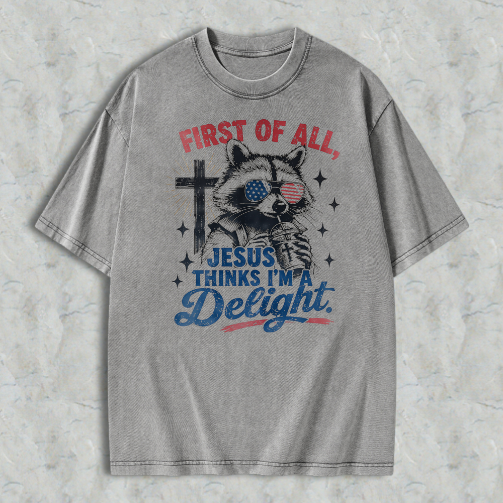 Cat With American Flag Eyes And Cross First Of All Jesus Thinks I M Delight Washed T-shirt