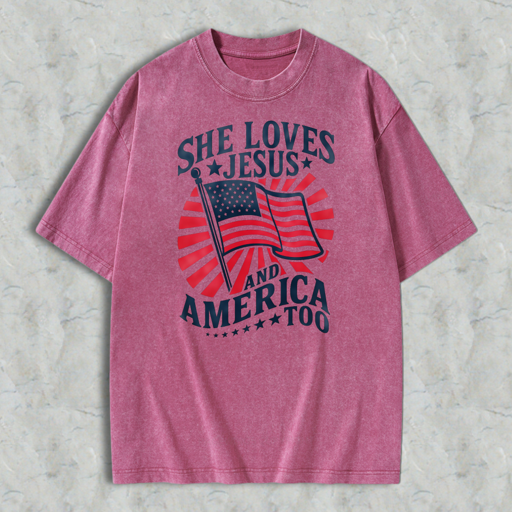 She Loves Jesus And America Too American Flag Design Washed T-shirt